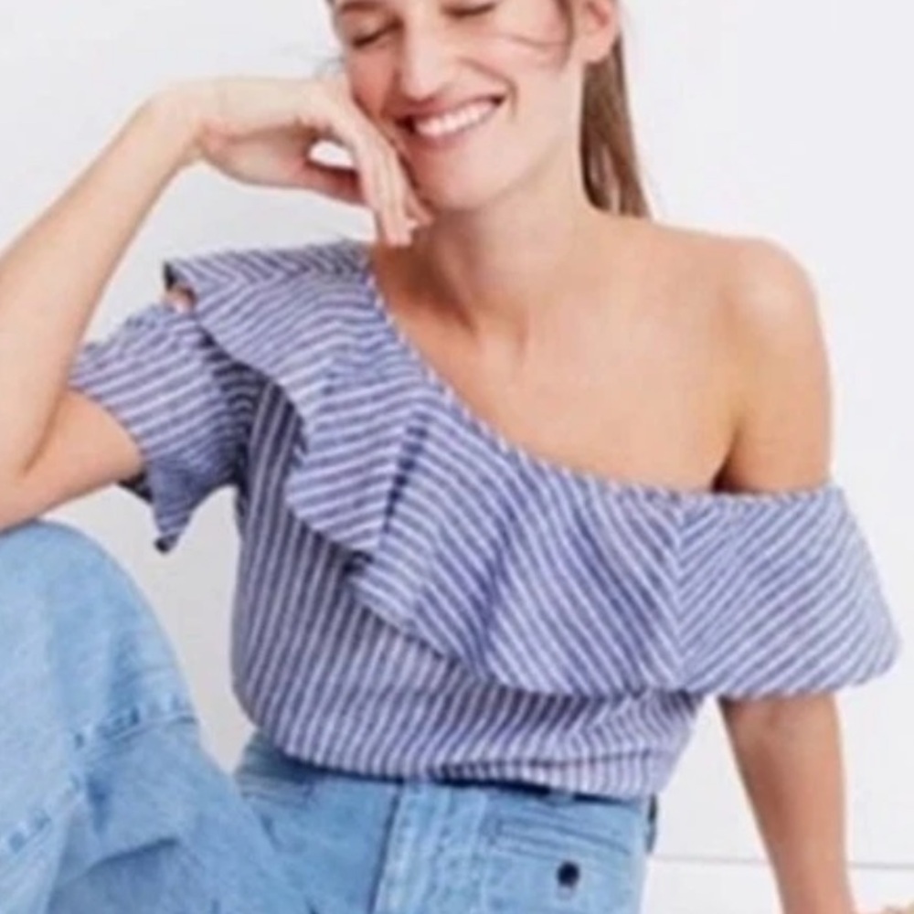 Madewell One Shoulder off-the-shoulder Ruffle Top Stripe Linen Cotton Blue G4975